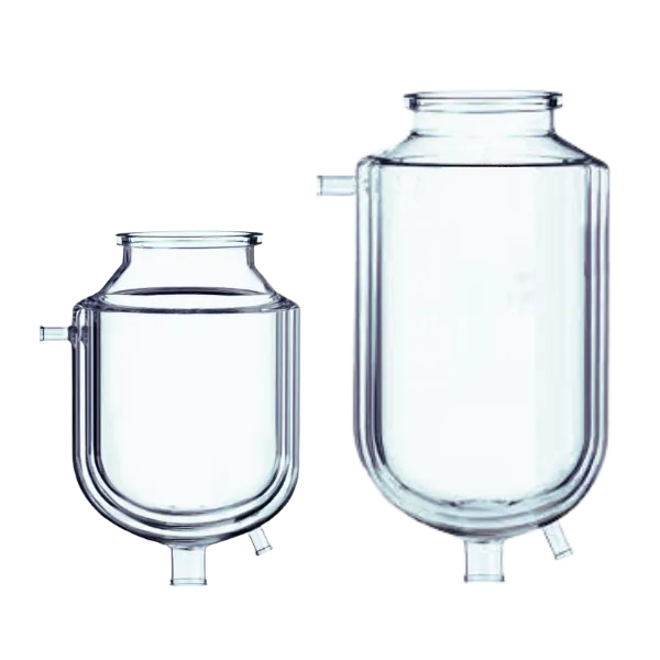 Vasos com camisa dupla da Vortex-R para reatores químicos, em vidro borosilicato, ideais para isolamento térmico e controle avançado de temperatura.