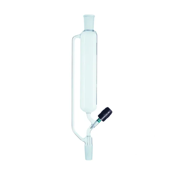 Funil de alimentação de vidro da Vortex-R para reatores de vidro encamisados, ideal para adição controlada de reagentes em experimentos.