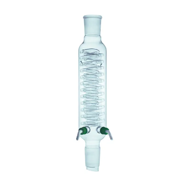 Condensador de vidro da Vortex-R para reatores de vidro encamisados, ideal para condensação eficiente em processos químicos de laboratório.