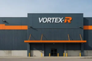 Fachada da Vortex-R, fabricante de reatores de vidro encamisados, com logotipo em azul e laranja