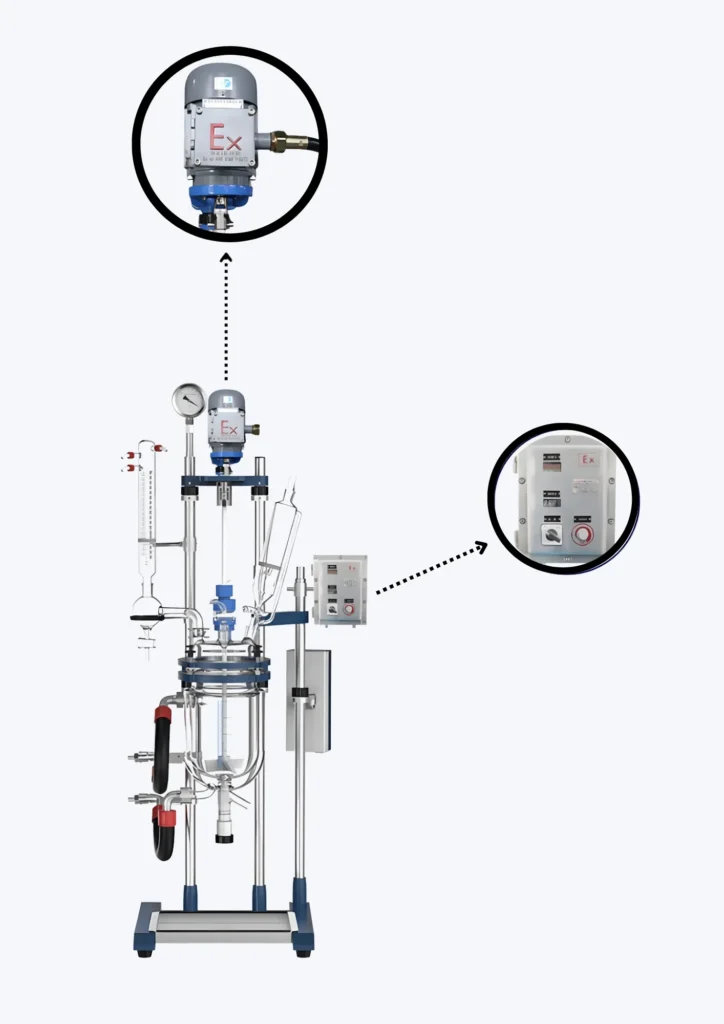 Reator de síntese para laboratório Vortex-R com blindagem anti-explosão, motor Ex e controle digital, ideal para processos químicos seguros.