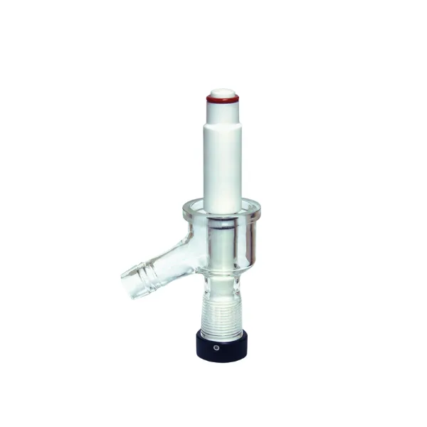 Válvula de drenagem de vidro com válvula de PTFE da Vortex-R para reatores encamisados, ideal para controle seguro de fluxo em laboratórios.