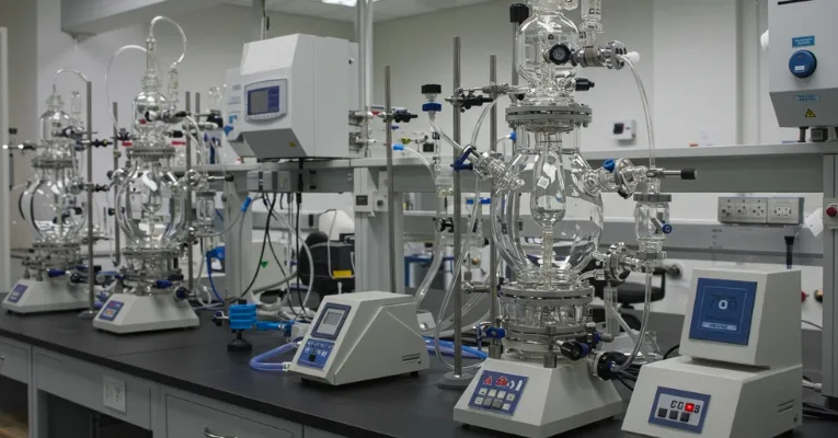 Laboratório moderno com reatores de vidro encamisados em uma bancada de trabalho