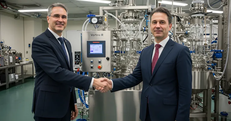 Dois empresários dando as mãos e fechando negócio com um reator da Vortex-R ao fundo em ambiente industrial