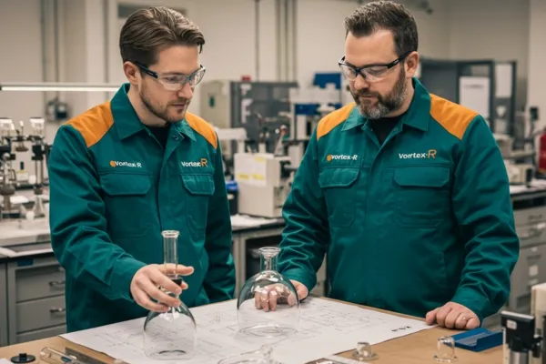 Dois trabalhadores da Vortex-R analisando uma peça de vidro para fabricação em um laboratório.