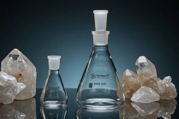 Frasco Erlenmeyer de quartzo da Vortex-R, ideal para laboratórios, resistente a altas temperaturas e compatível com chillers para reatores.