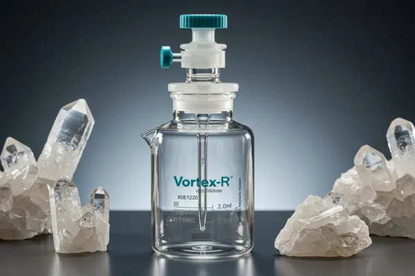 Peça encamisada de quartzo cilíndrica da Vortex-R com bocais, ideal para reatores encamisados e compatível com chillers para reatores encamisados.