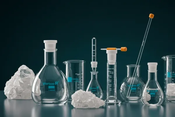 Várias peças de quartzo para laboratório de feitas pela empresa Vortex-R com acabamento polido, projetado para alta resistência.
