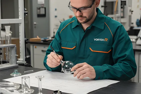 Trabalhador da Vortex-R analisando uma peça de vidro para fabricação em laboratório.