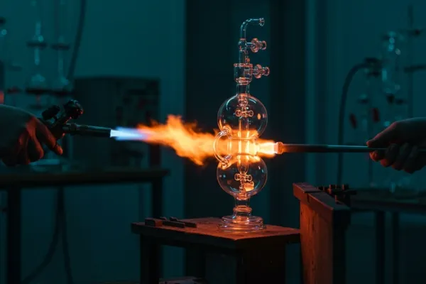 Trabalhador da Vortex-R moldando peça de vidro especial com maçarico para reatores encamisados, em processo de fabricação sob medida.