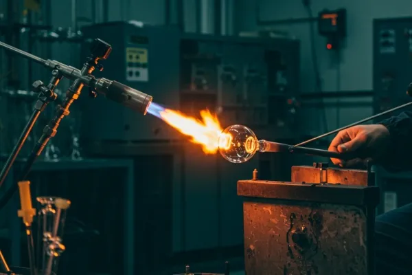 Trabalhador da Vortex-R finalizando peça de vidro com maçarico para reatores encamisados, em um processo de fabricação sob medida.