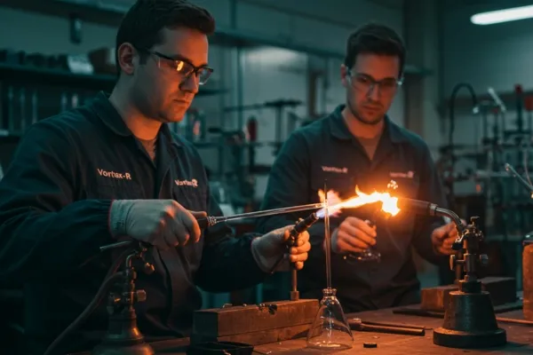 Dois trabalhadores da Vortex-R moldando vidro com maçarico para reatores encamisados, em um processo de fabricação sob medida.
