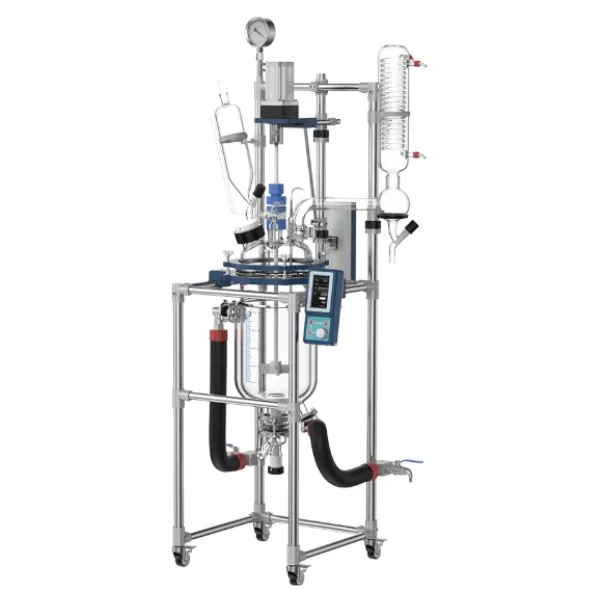 Reator de vidro encamisado Planta Piloto 10L Vortex-R em perfil esquerdo para processos industriais.