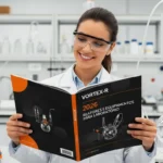 Técnica de laboratório feliz folheando o catálogo 2026 da Vortex-R de reatores de vidro e equipamentos, com design laranja e preto, otimizando o orçamento.