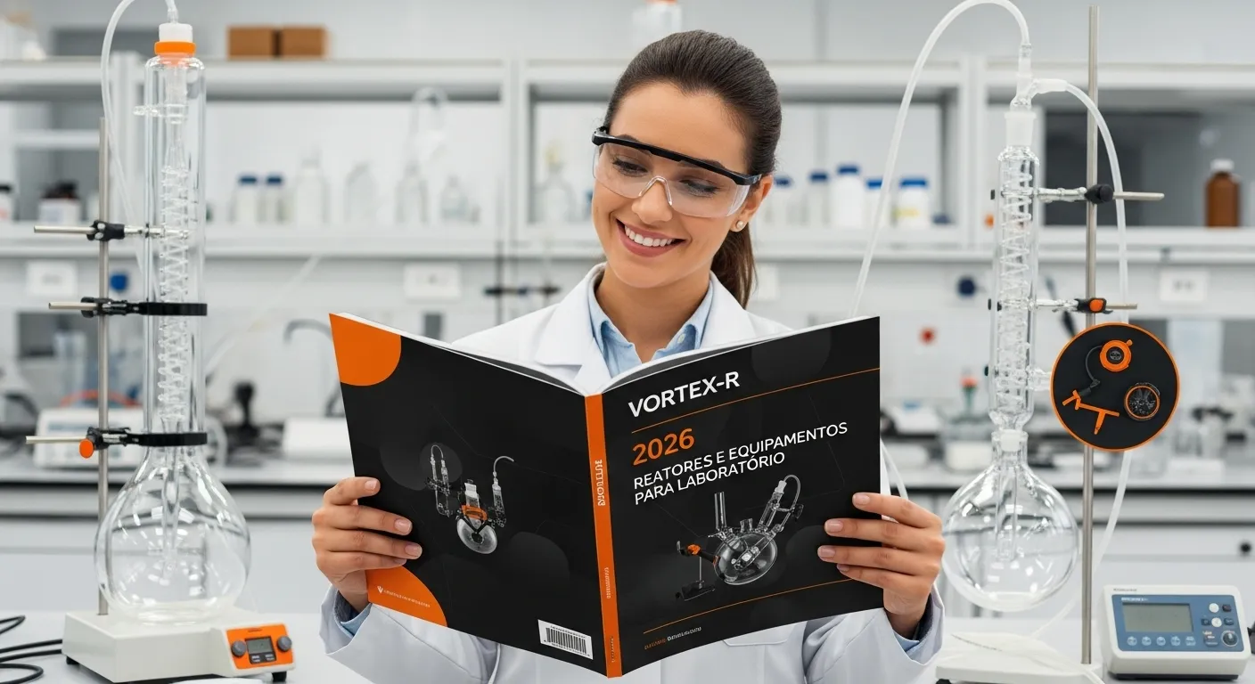 Técnica de laboratório feliz folheando o catálogo 2026 da Vortex-R de reatores de vidro e equipamentos, com design laranja e preto, otimizando o orçamento.