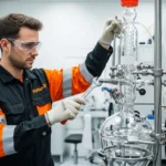 Técnico da Vortex-R em macacão laranja e preto realizando manutenção de reator de vidro em laboratório, com equipamentos de segurança.