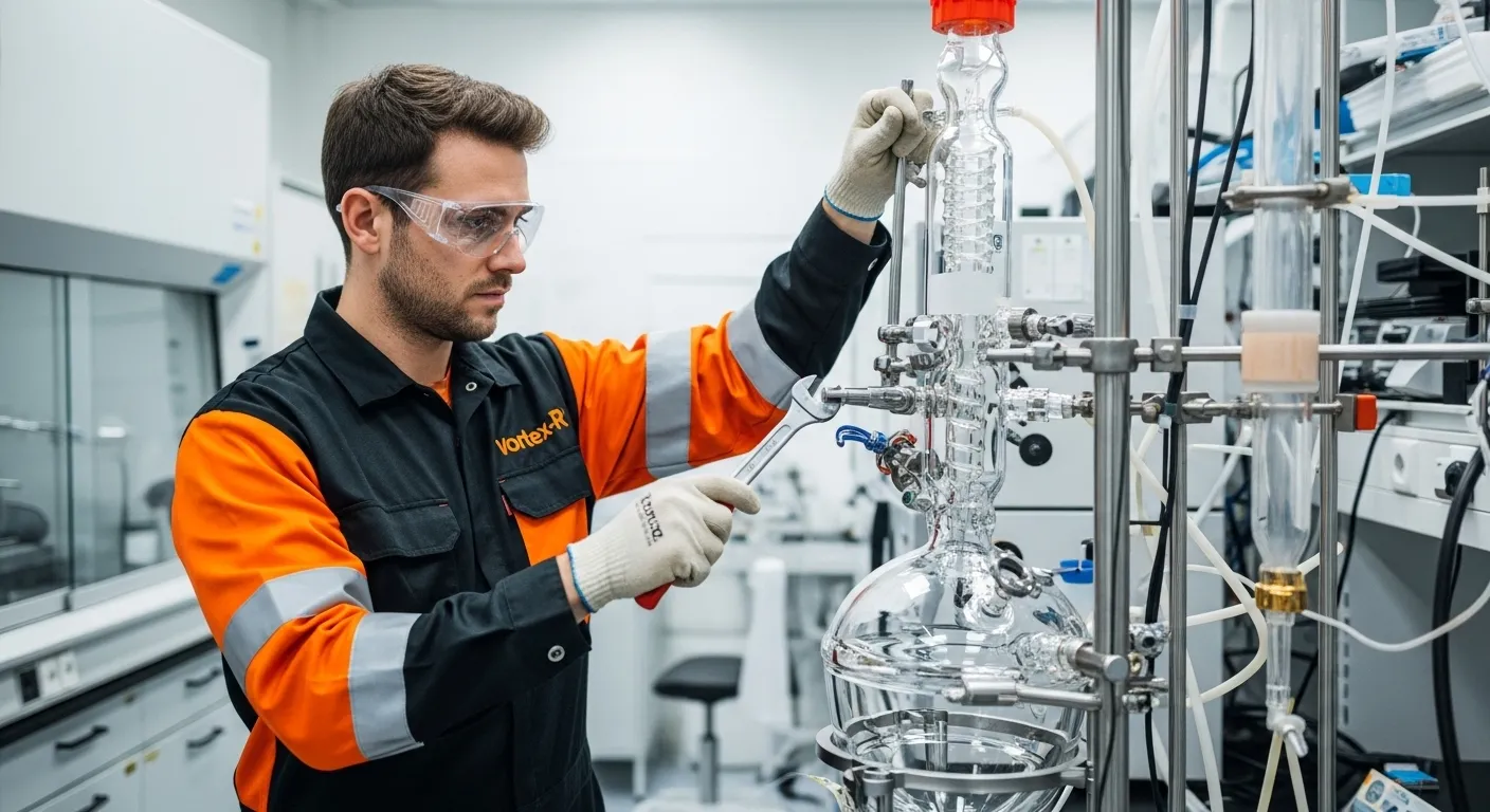Técnico da Vortex-R em macacão laranja e preto realizando manutenção de reator de vidro em laboratório, com equipamentos de segurança.