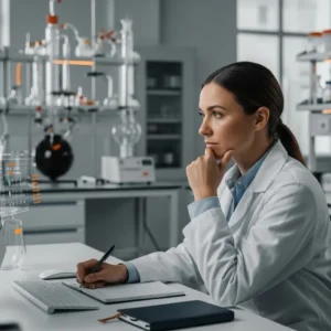 Técnica de laboratório pesquisando reatores de vidro competitivos no computador, com expressão pensativa em laboratório moderno da Vortex-R.