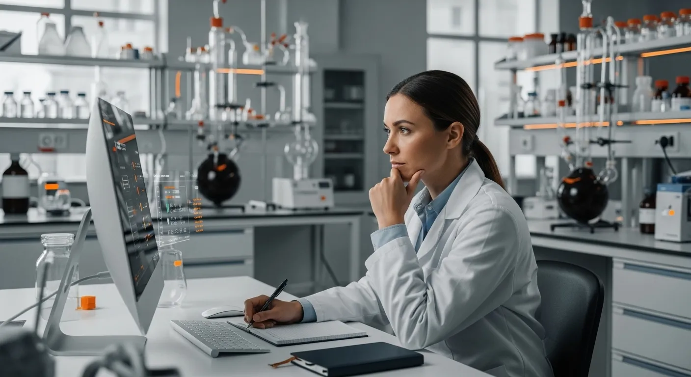 Técnica de laboratório pesquisando reatores de vidro competitivos no computador, com expressão pensativa em laboratório moderno da Vortex-R.