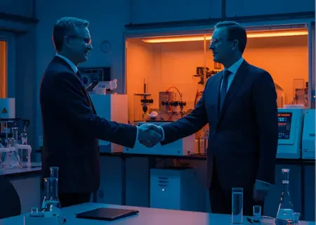 Dois profissionais em trajes formais apertando as mãos em um ambiente de negócios com um laboratório ao fundo, representando confiança na Vortex-R.
